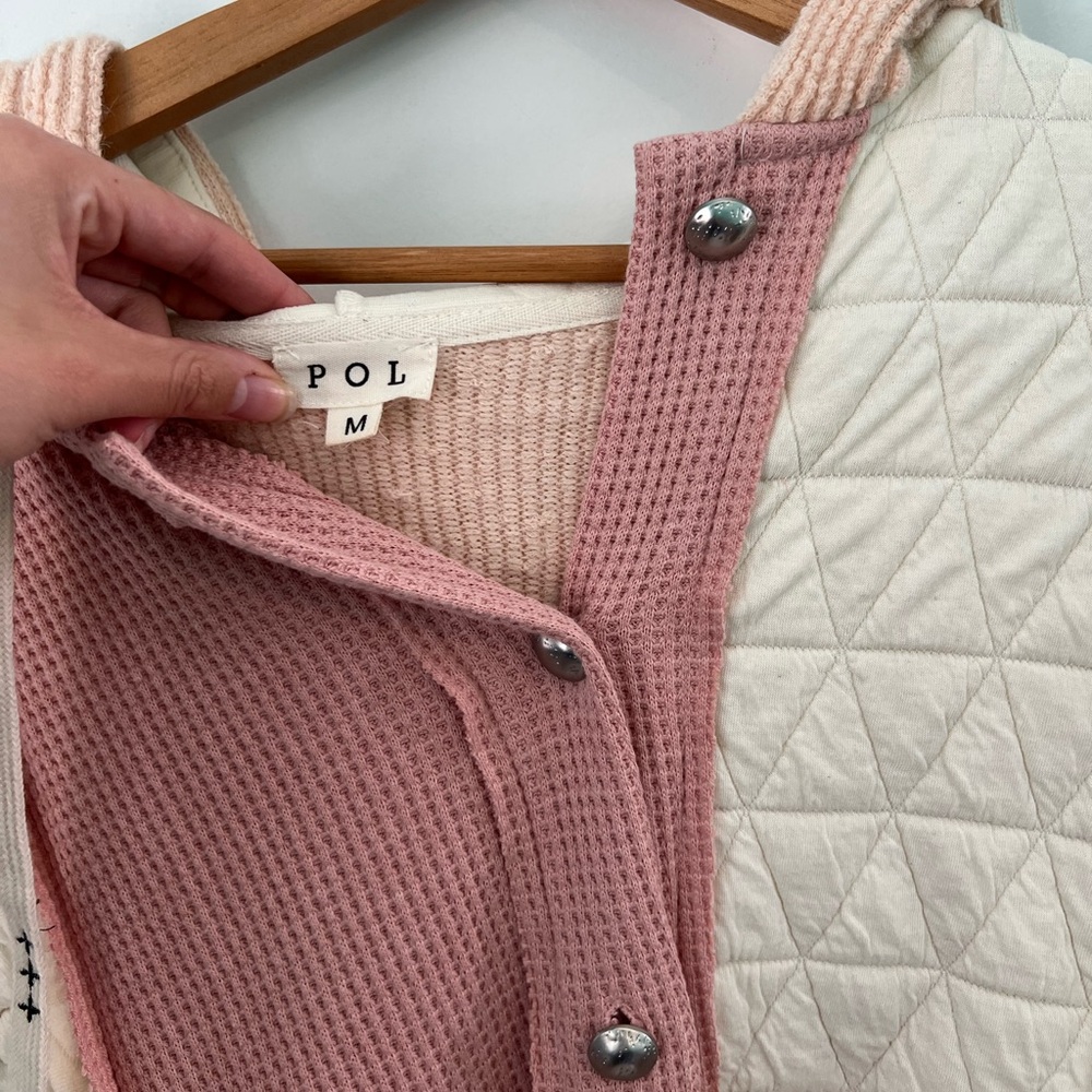 POL Mixed Fabric Hooded Button Down Shacket in Pink/Beige Size Medium - Picture 3 of 6